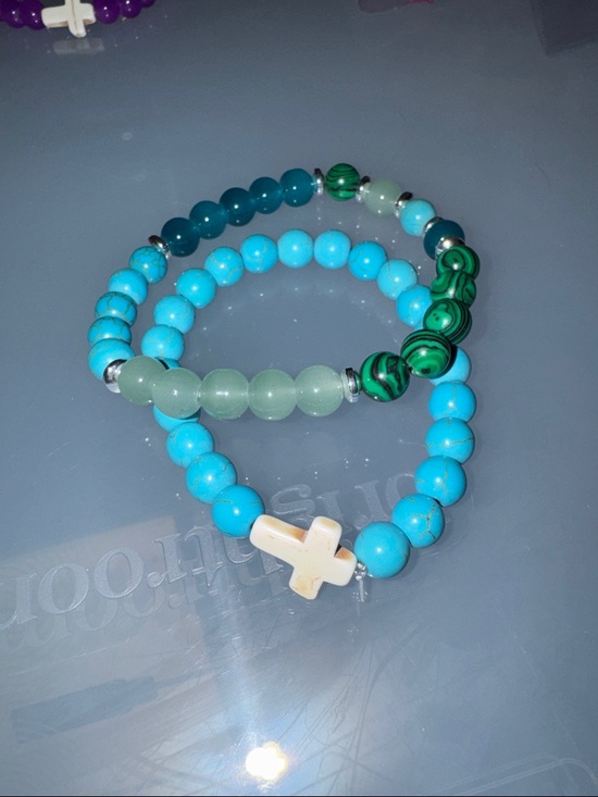 Jewelry - Faith Inspired Beaded Turquoise & Green Cross Bracelet Set